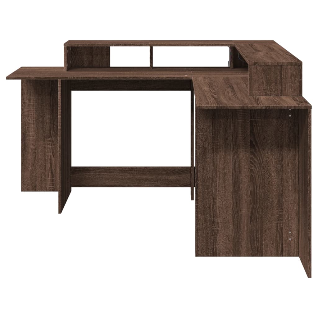 Barna tölgy színű szerelt fa íróasztal led-ekkel 152x152x91 cm