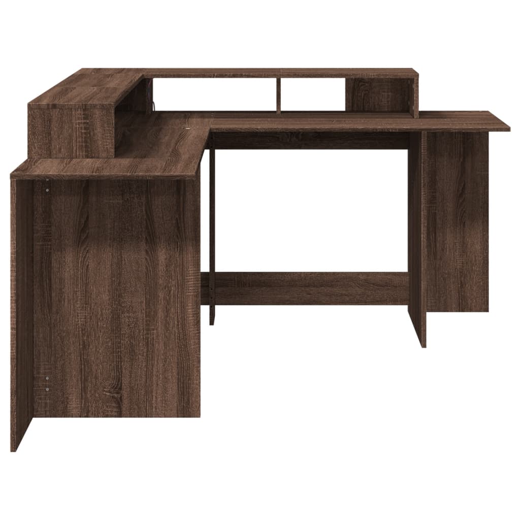 Barna tölgy színű szerelt fa íróasztal led-ekkel 152x152x91 cm