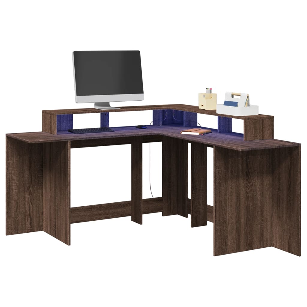 Barna tölgy színű szerelt fa íróasztal led-ekkel 152x152x91 cm