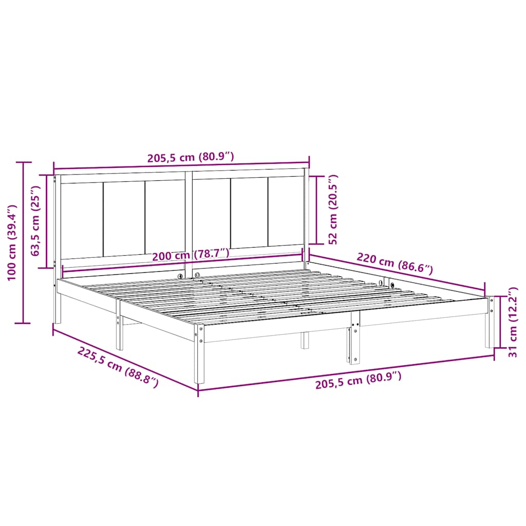 Tömör fa extra hosszú ágykeret matrac nélkül 200 x 220 cm