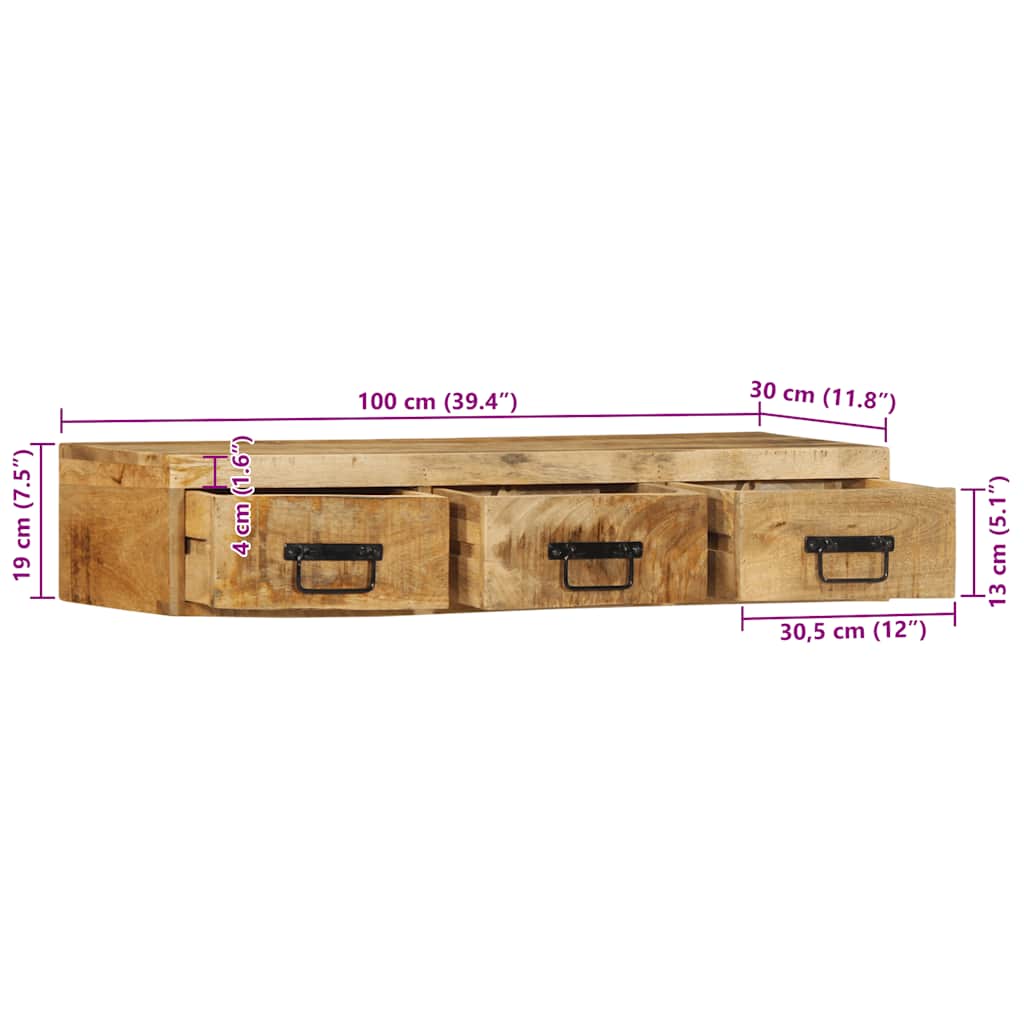 Tömör nyers mangófa falra szerelhető tv-szekrény 100x30x19 cm