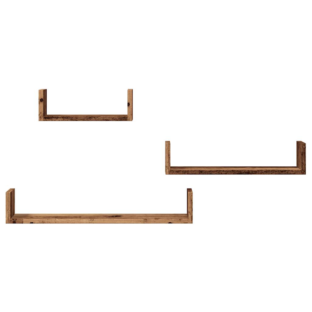 3 db antik fa színű szerelt fa fali polc