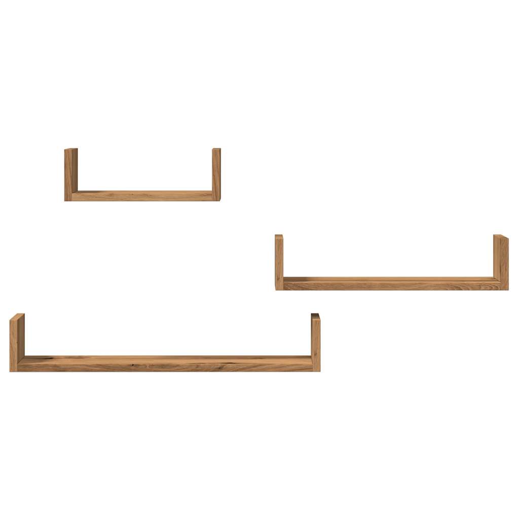 3 db kézműves tölgy színű szerelt fa fali polc
