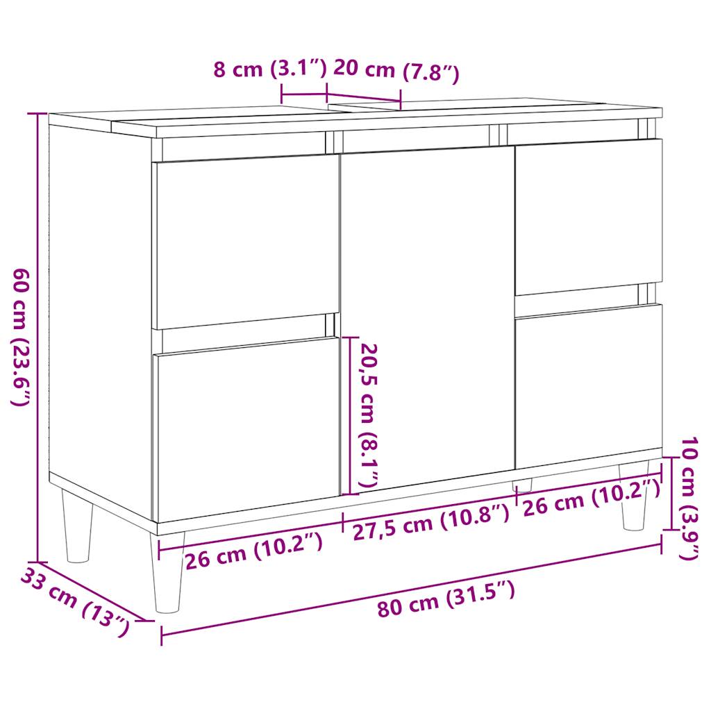 Antik fa színű szerelt fa mosdószekrény 80 x 33 x 60 cm