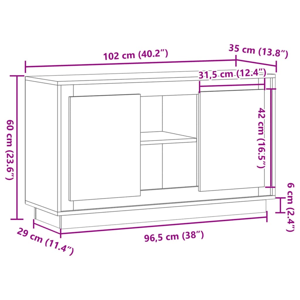 102 x 35 x 55 cm-es műfából készült kézműves tölgyfa tálalószekrény