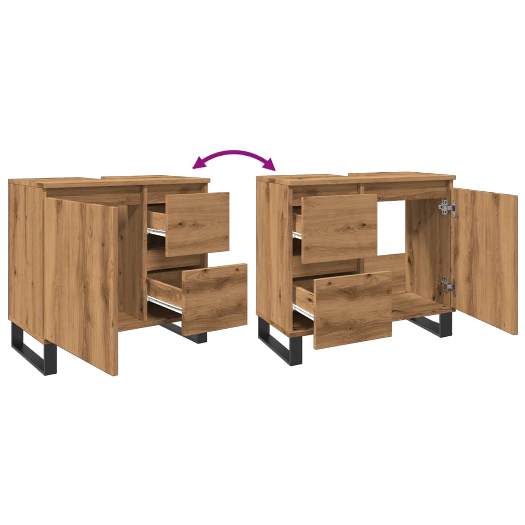 Kézműves tölgy színű szerelt fa mosdószekrény 65 x 33 x 60 cm