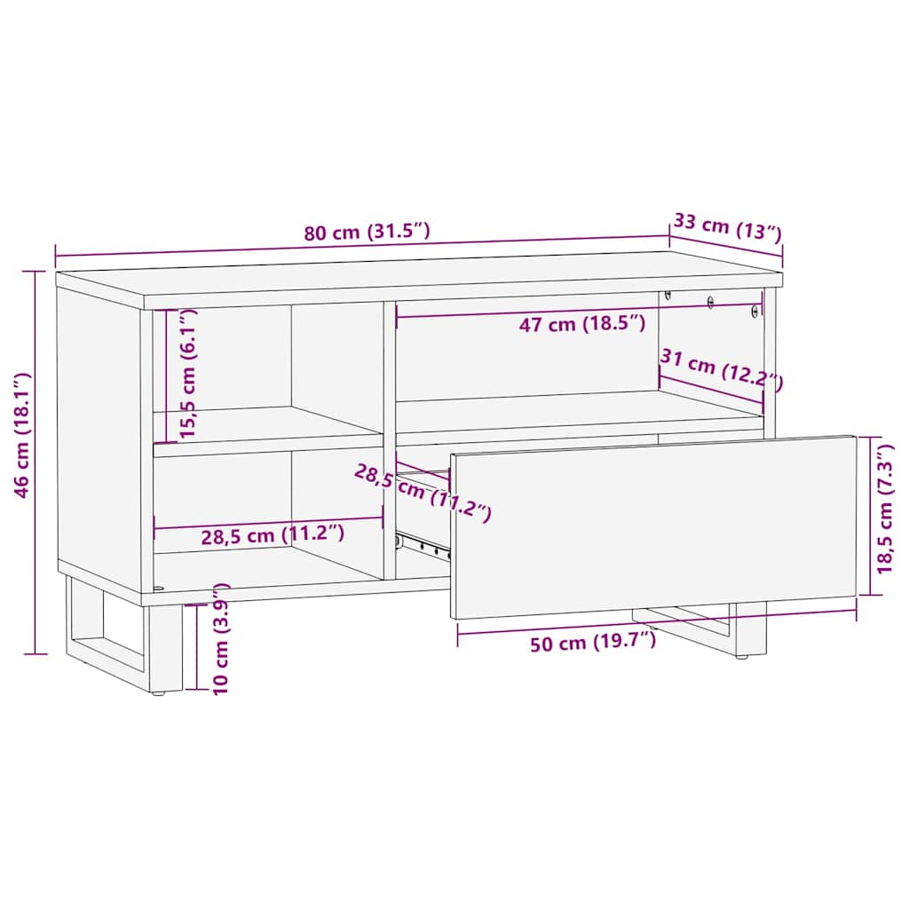 Fekete tömör mangófa tv-szekrény 80 x 33 x 46 cm