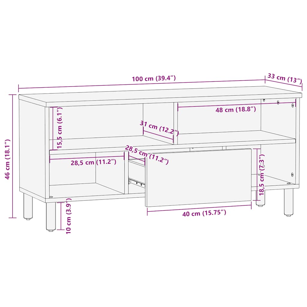 Barna tömör mangófa tv-szekrény 100 x 33 x 46 cm