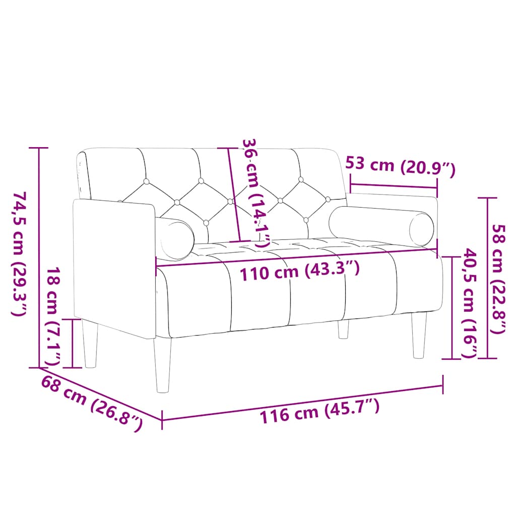 Sötétszürke bársony loveseat kanapé párnákkal 110 cm