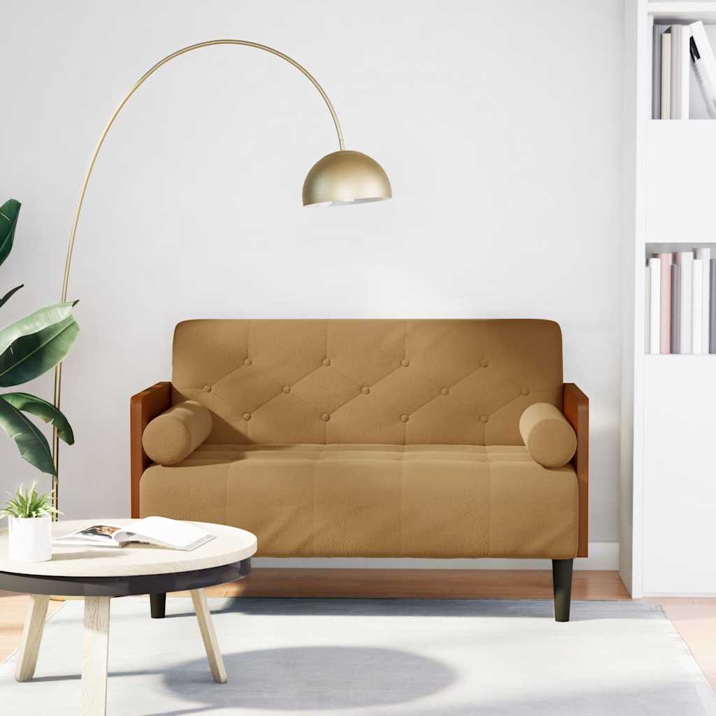 Barna bársony loveseat kanapé párnákkal 110 cm Barna bársony loveseat kanapé párnákkal 110 cm