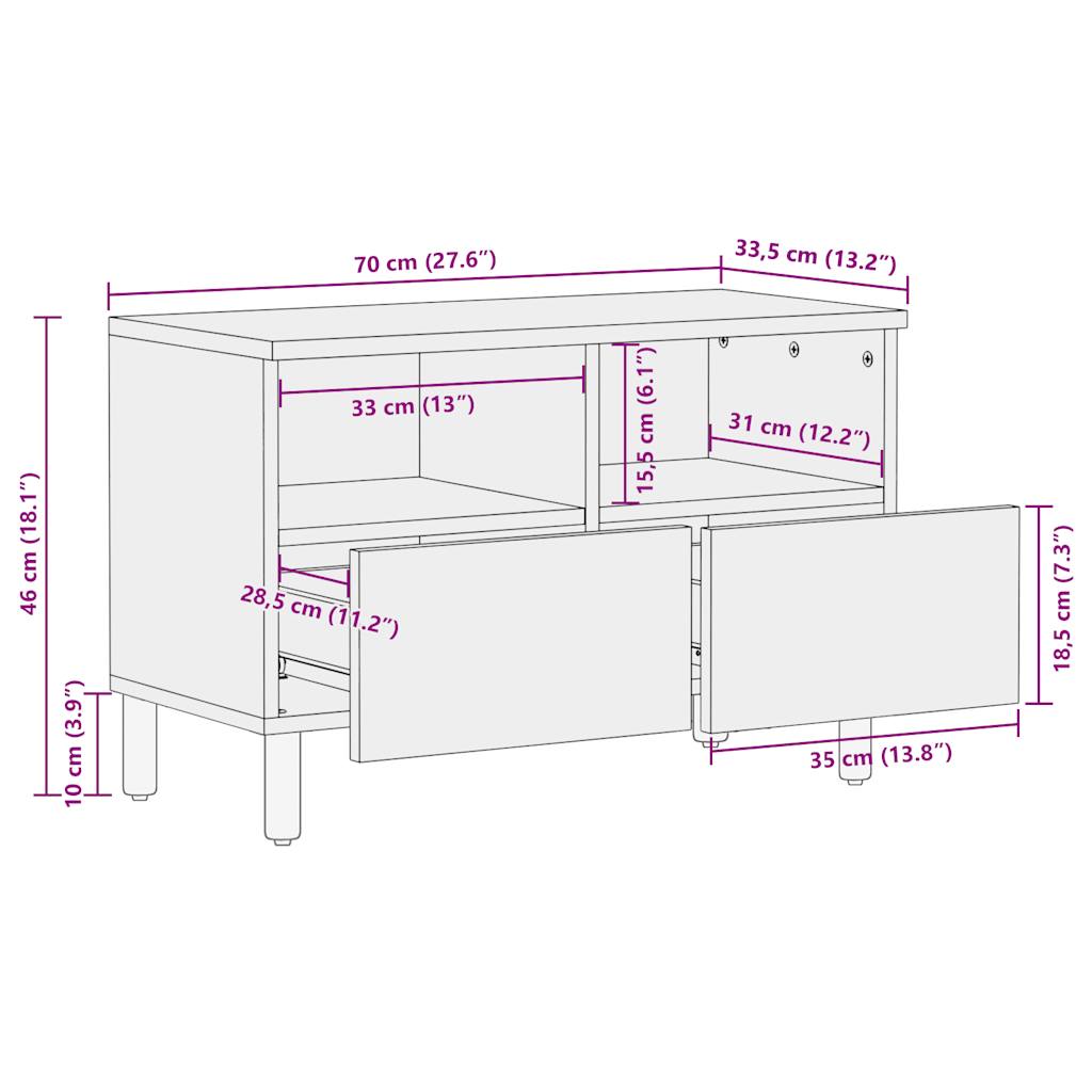 Fekete tömör nyers mangófa tv-szekrény 70 x 33,5 x 46 cm