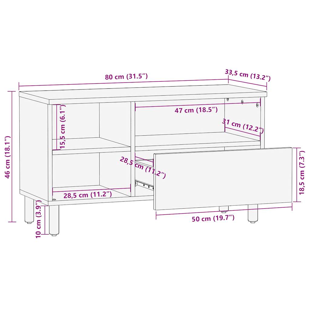 Fekete tömör nyers mangófa tv-szekrény 80 x 33,5 x 46 cm