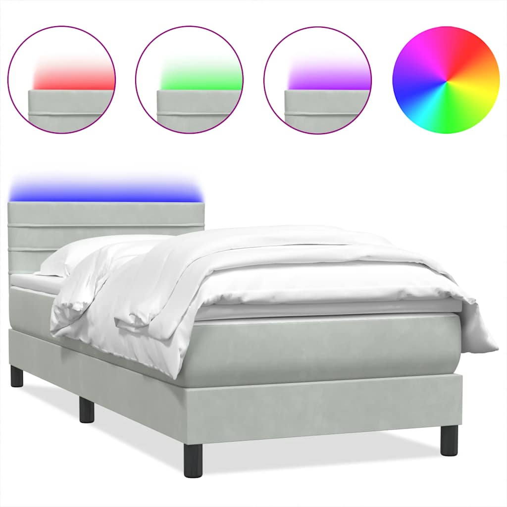 Világosszürke bársony rugós és led-es ágy matraccal 90x220 cm