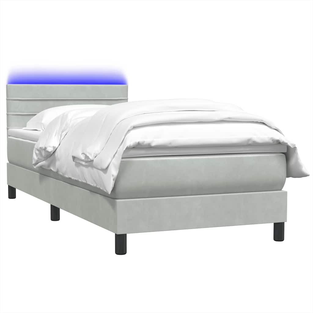 Világosszürke bársony rugós és led-es ágy matraccal 90x220 cm