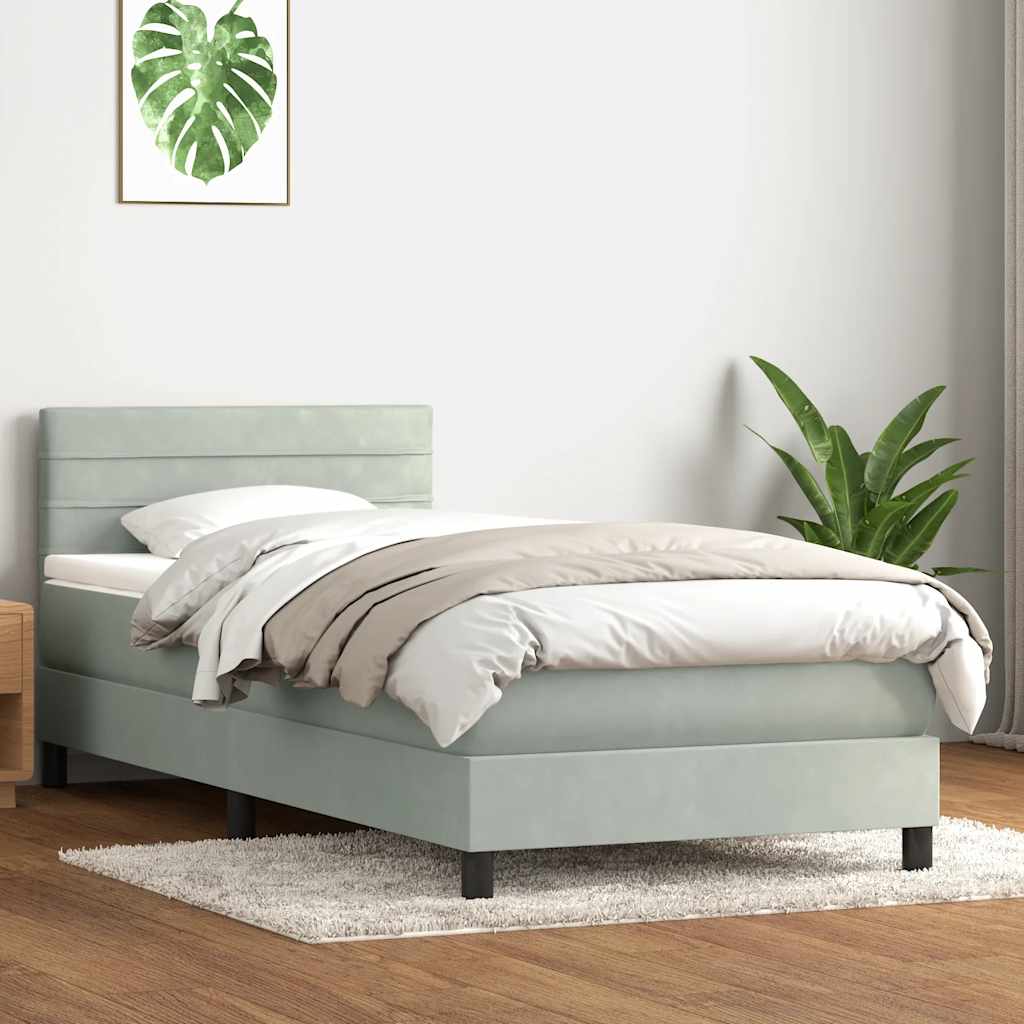 Világosszürke bársony rugós és led-es ágy matraccal 90x220 cm