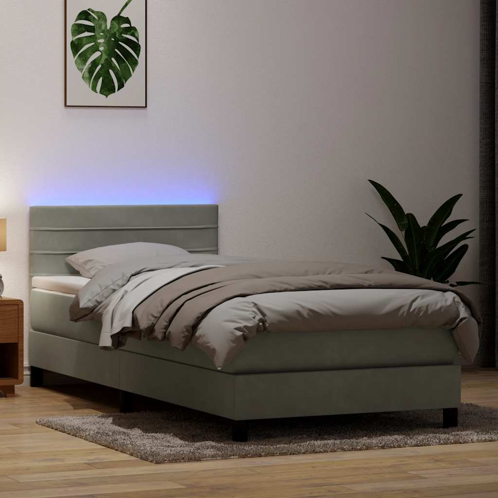 Világosszürke bársony rugós és led-es ágy matraccal 90x220 cm