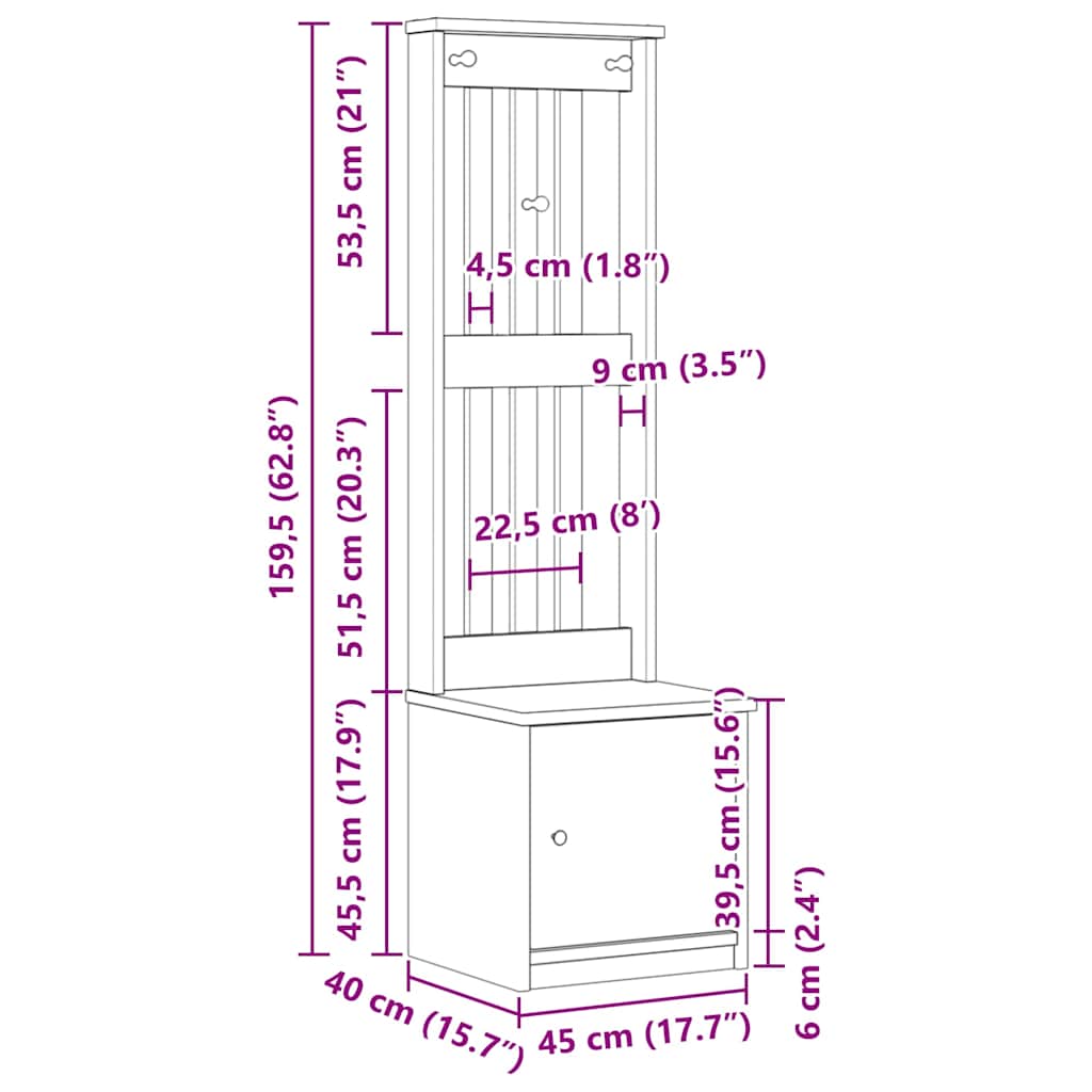 Sandens tömör fenyőfa előszobafa 45x40x159,5 cm