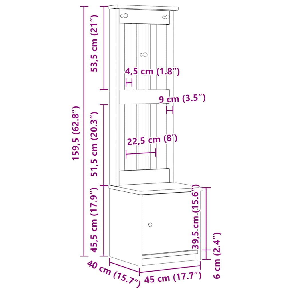 Sandens fehér tömör fenyőfa előszobafa 45x40x159,5 cm