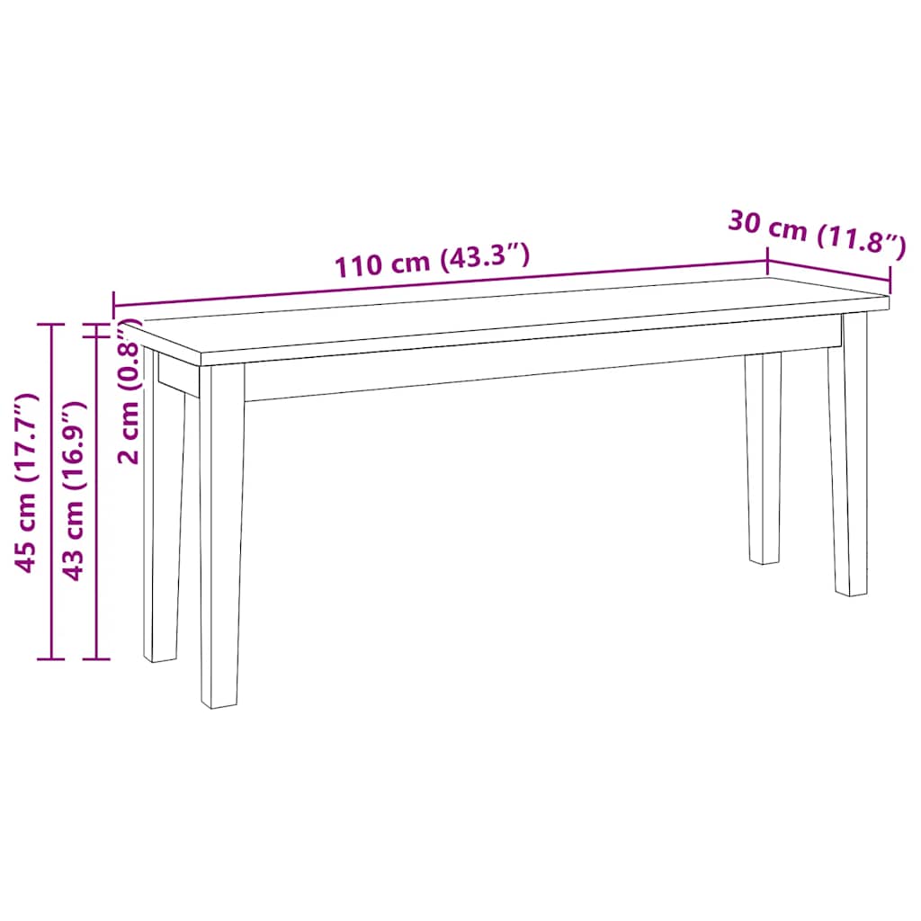 Tömörfa gumiból pad 110 cm