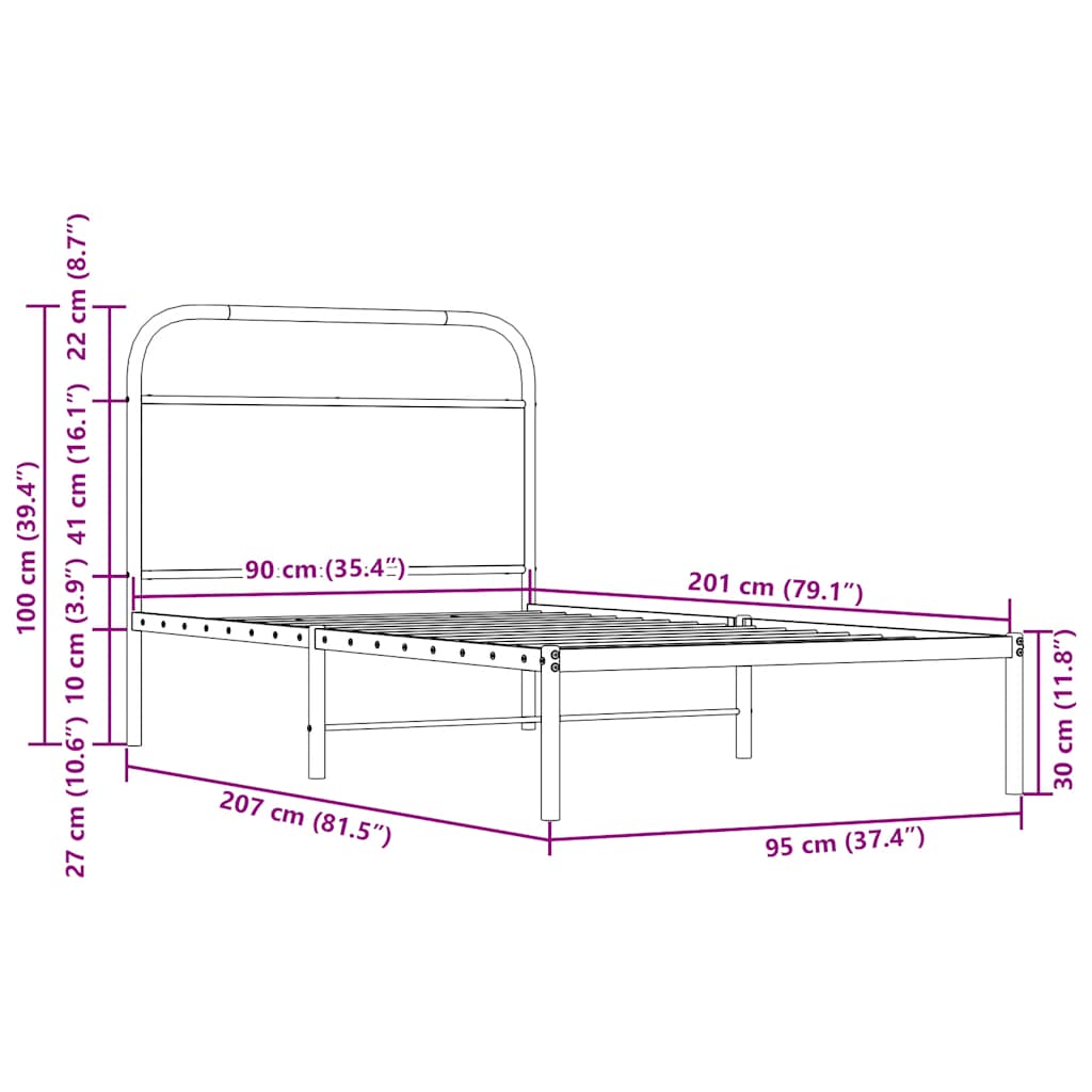 Ágykeret matrac nélkül 90x200 cm füstölt tölgy fűrészelt fa Ágykeret matrac nélkül 90x200 cm füstölt tölgy fűrészelt fa