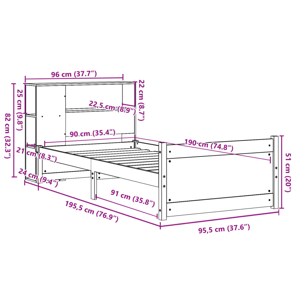 Fehér tömör fenyőfa könyvespolcos ágy matrac nélkül 90 x 190 cm