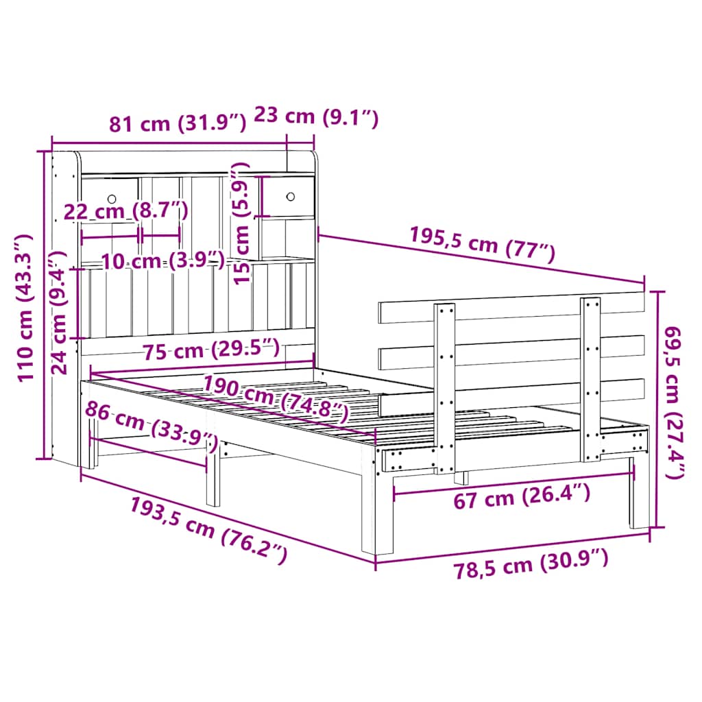 Tömör fenyőfa könyvespolcos ágy matrac nélkül 75 x 190 cm