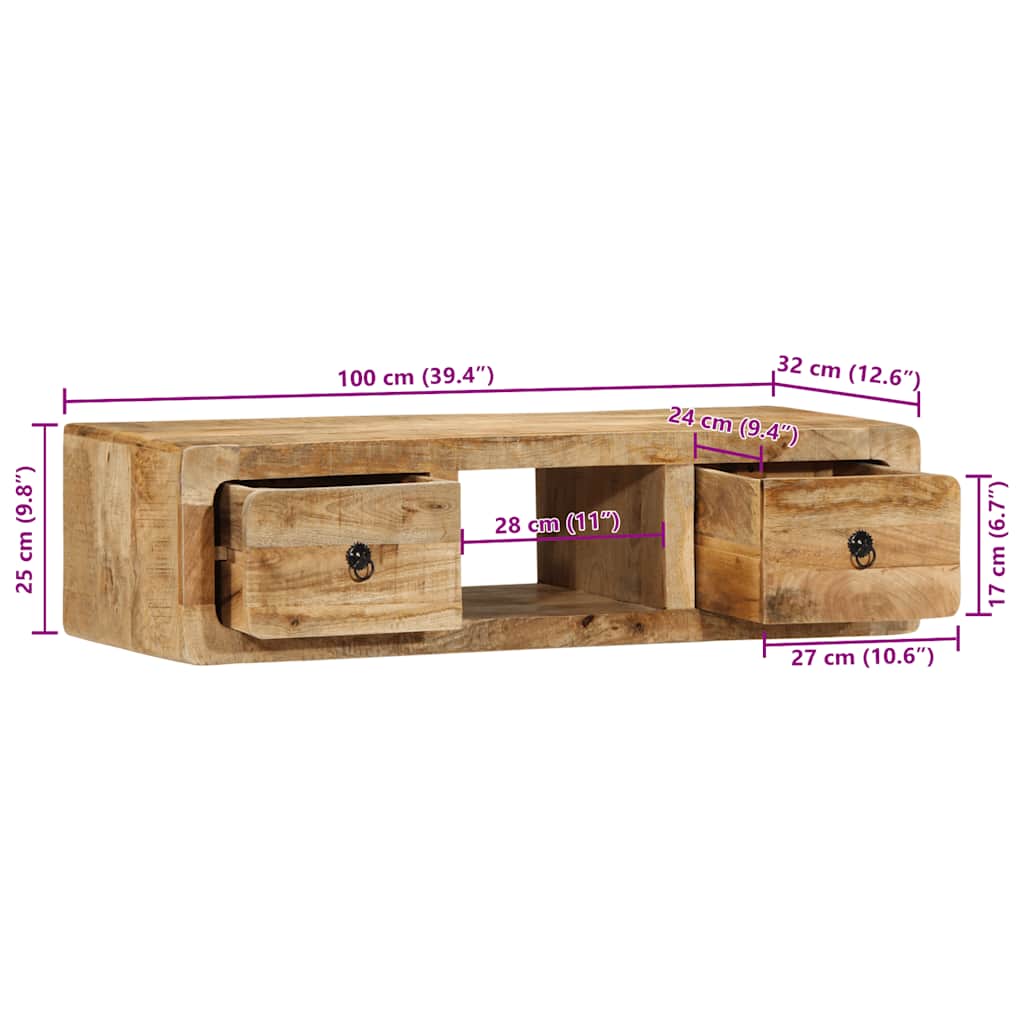 Tömör nyers mangófa falra szerelhető tv-szekrény 100x32x25 cm