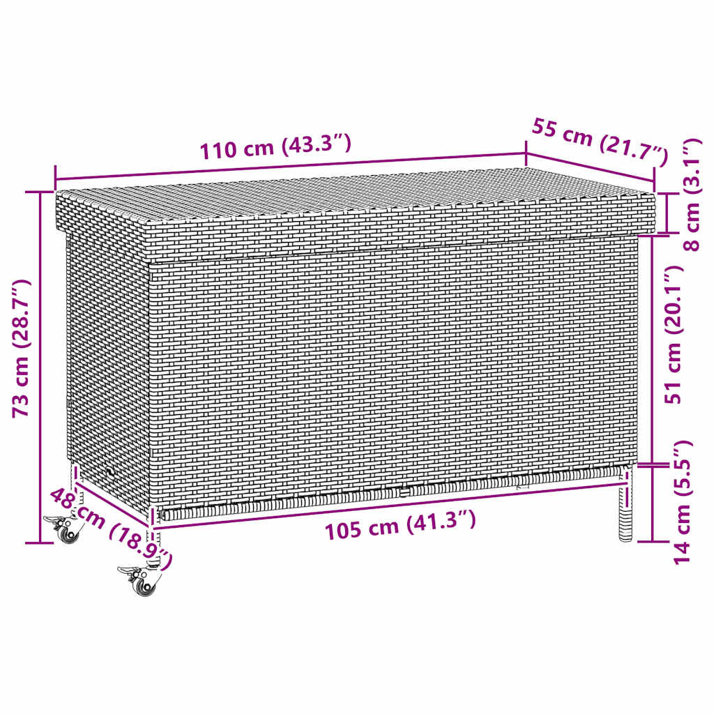 Barna polyrattan kerti tárolóláda kerekekkel 110x55x73 cm