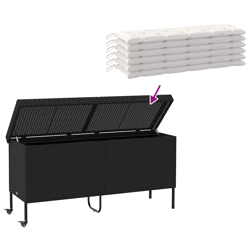 Fekete polyrattan kerti tárolóláda kerekekkel 160x55x75 cm