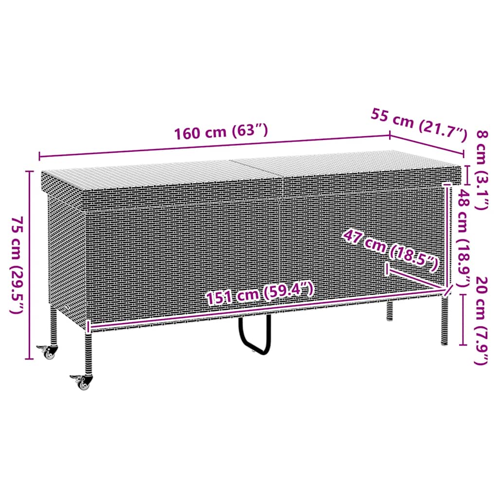 Barna polyrattan kerti tárolóláda kerekekkel 160x55x75 cm