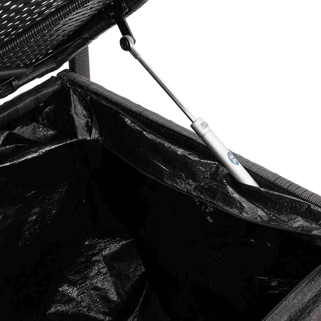 Fekete polyrattan kerti tároló pad párnával