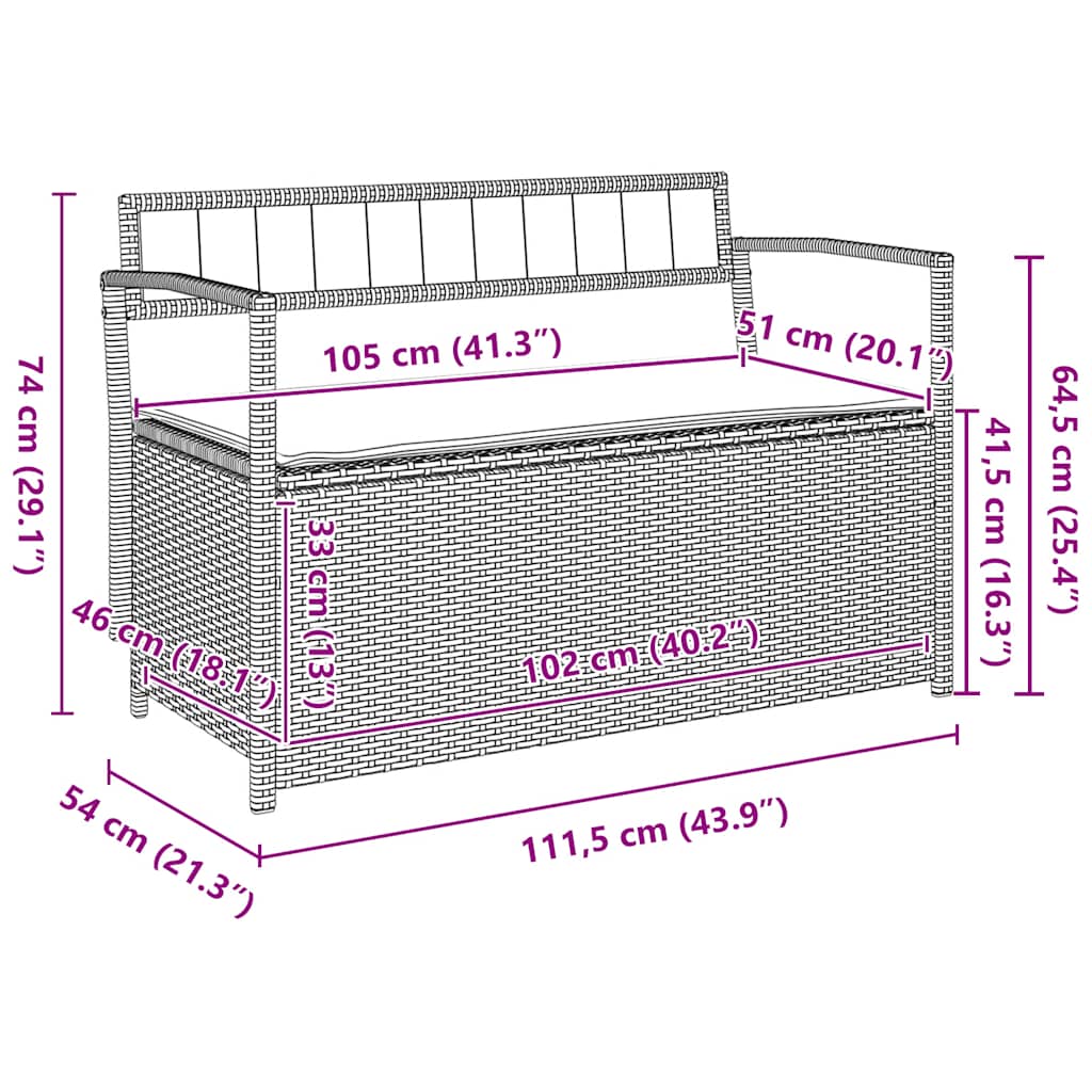 Fekete polyrattan kerti tároló pad párnával