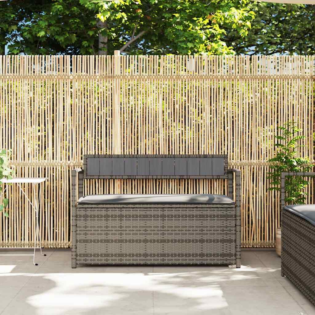 Szürke polyrattan kerti tárolópad párnával
