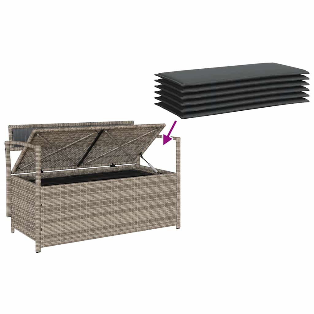 Szürke polyrattan kerti tárolópad párnával