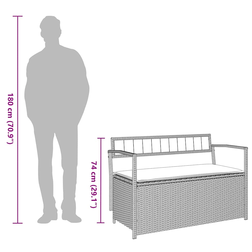Szürke polyrattan kerti tárolópad párnával