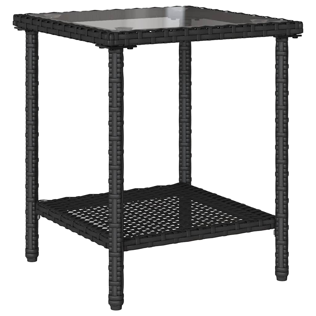 L-alakú fekete polyrattan kerti kanapé asztallal és párnával