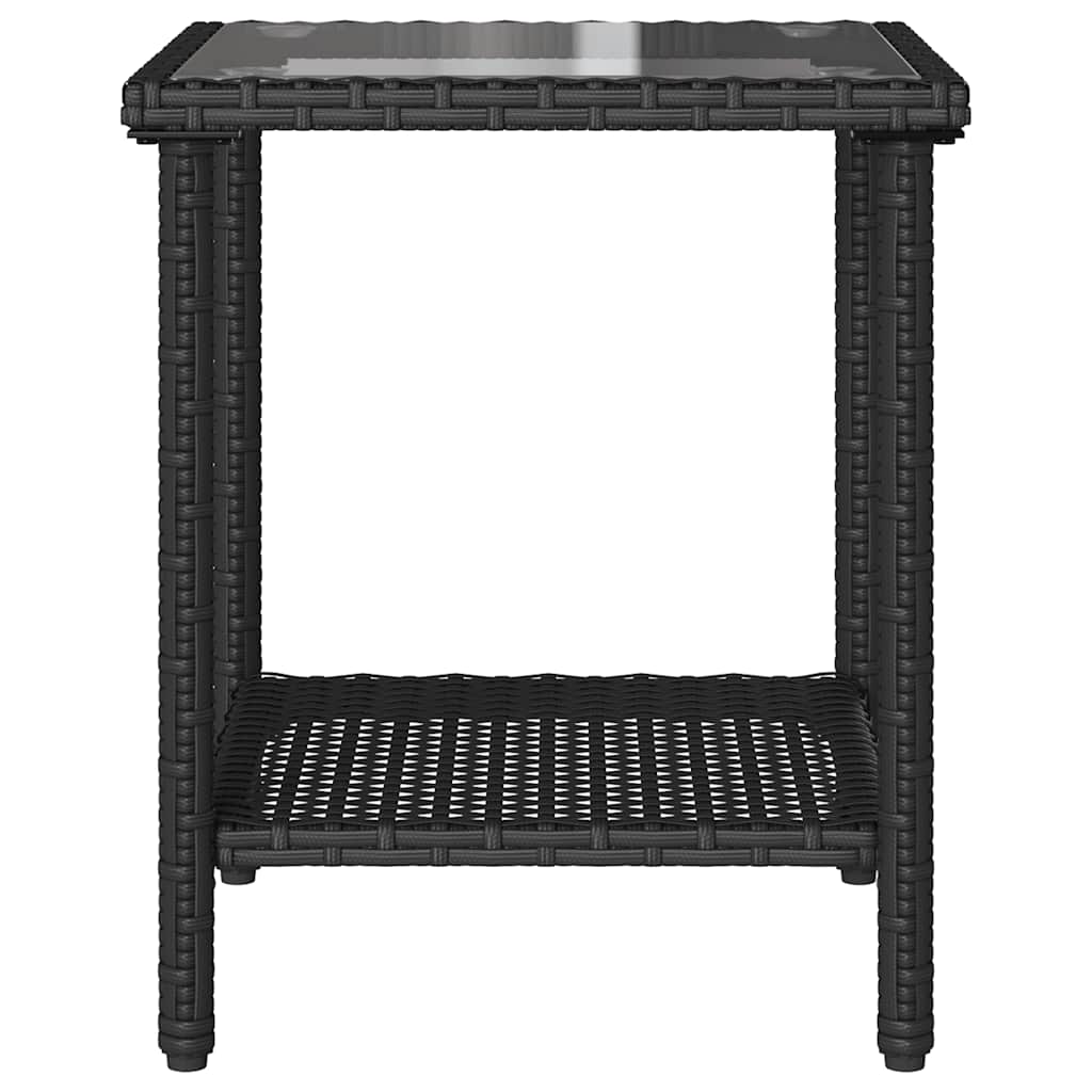 L-alakú fekete polyrattan kerti kanapé asztallal és párnával