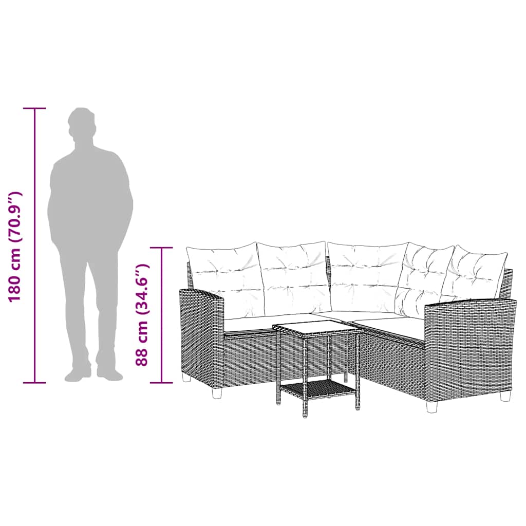 L-alakú szürke polyrattan kerti kanapé asztallal és párnákkal