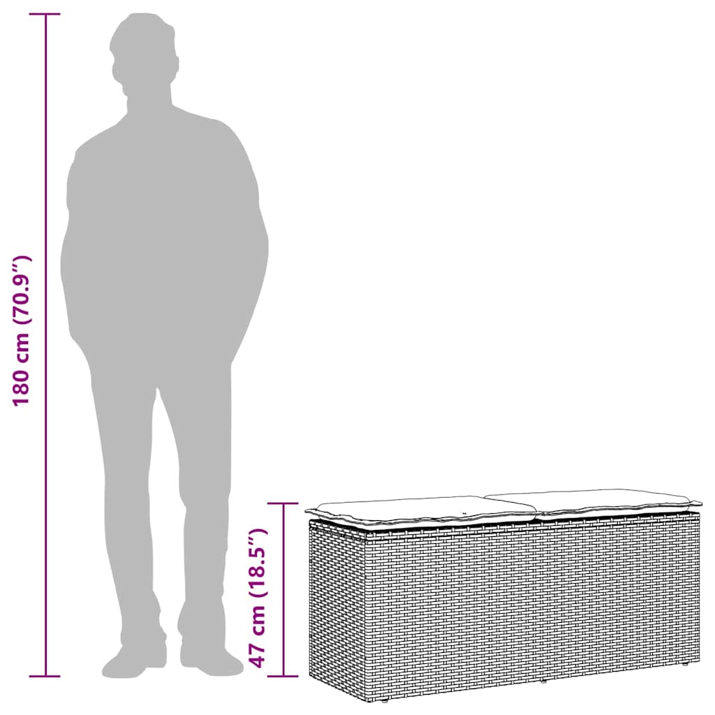 Szürke polyrattan kerti pad párnával 116 x 46 x 57 cm