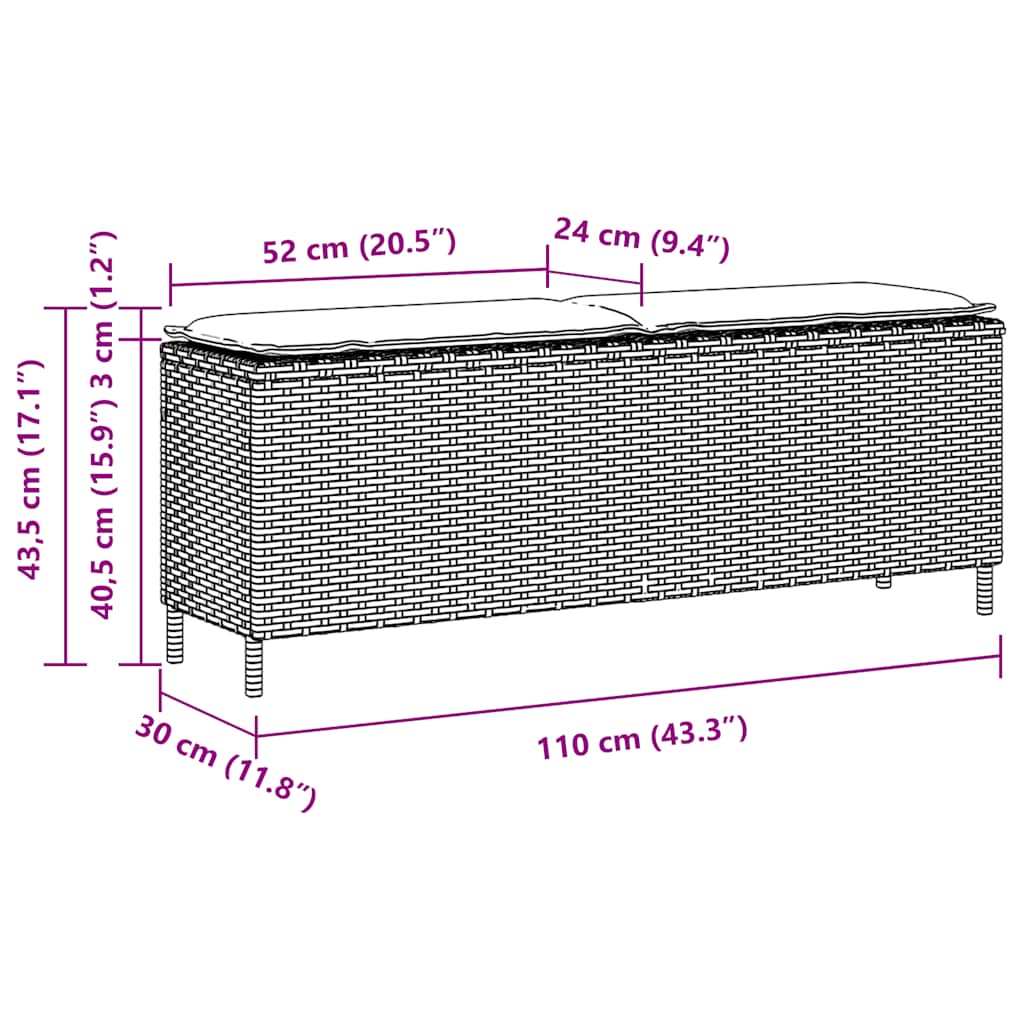 Világosszürke polyrattan kerti pad párnával 110x30x40,5 cm