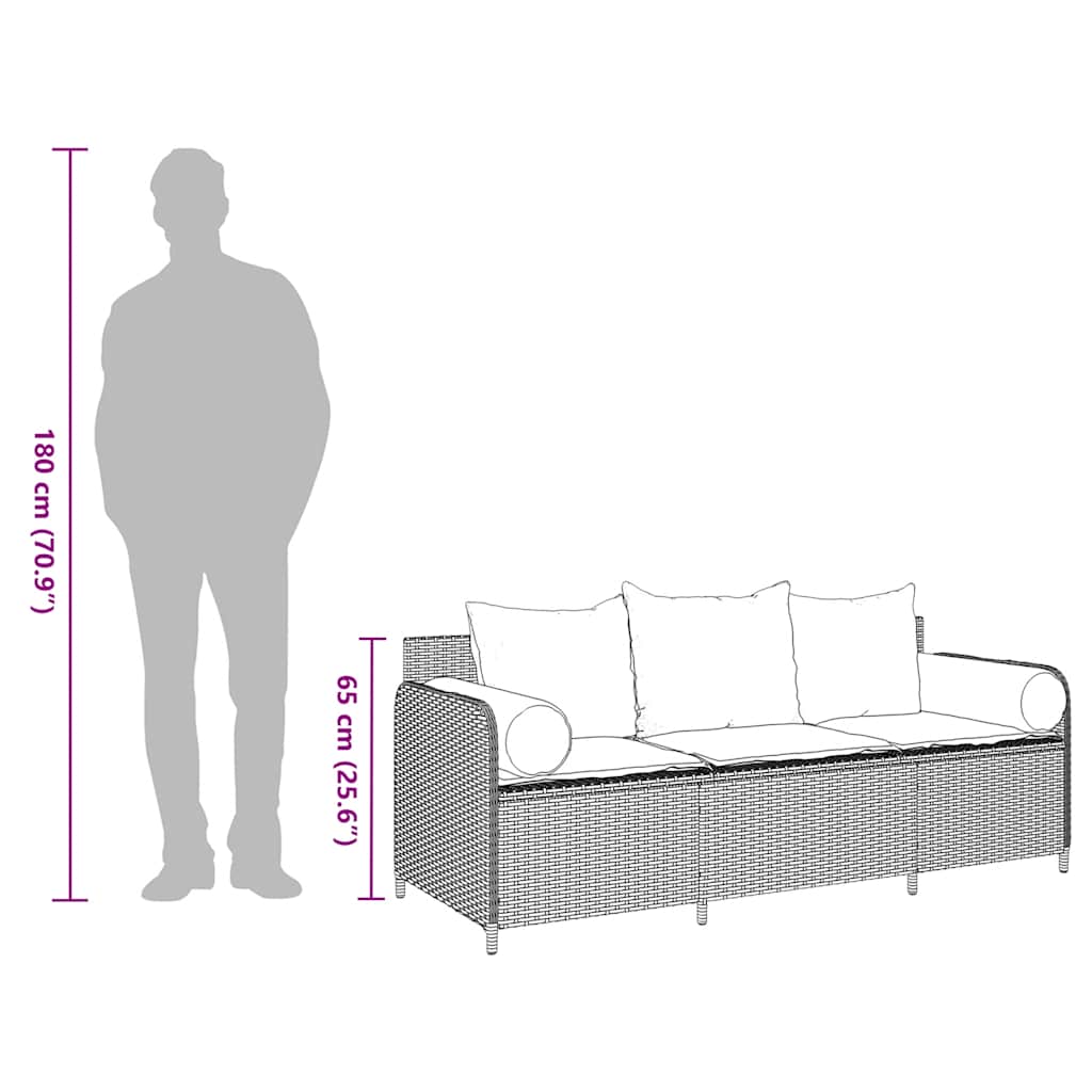 3 személyes szürke polyrattan kerti kanapé párnával