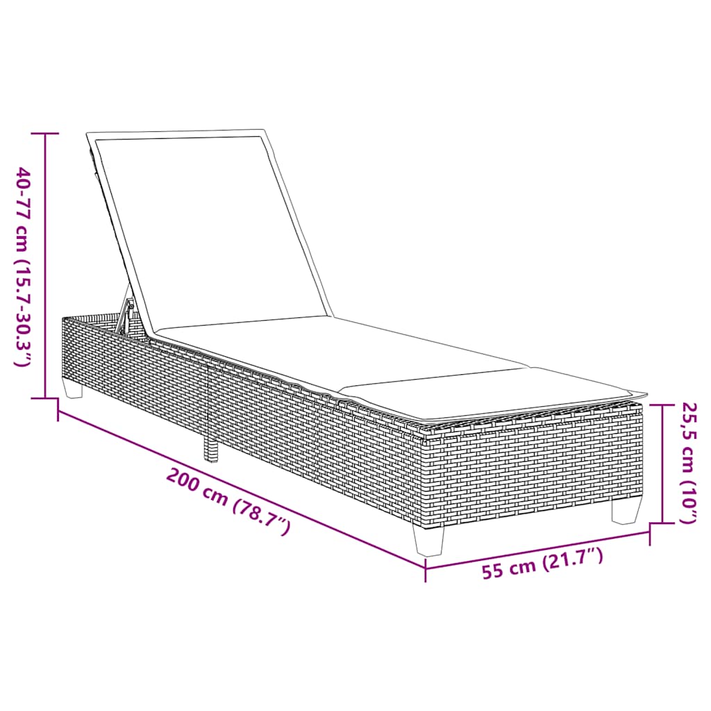 Szürke polyrattan napozóágy párnákkal 55x200x25,5 cm