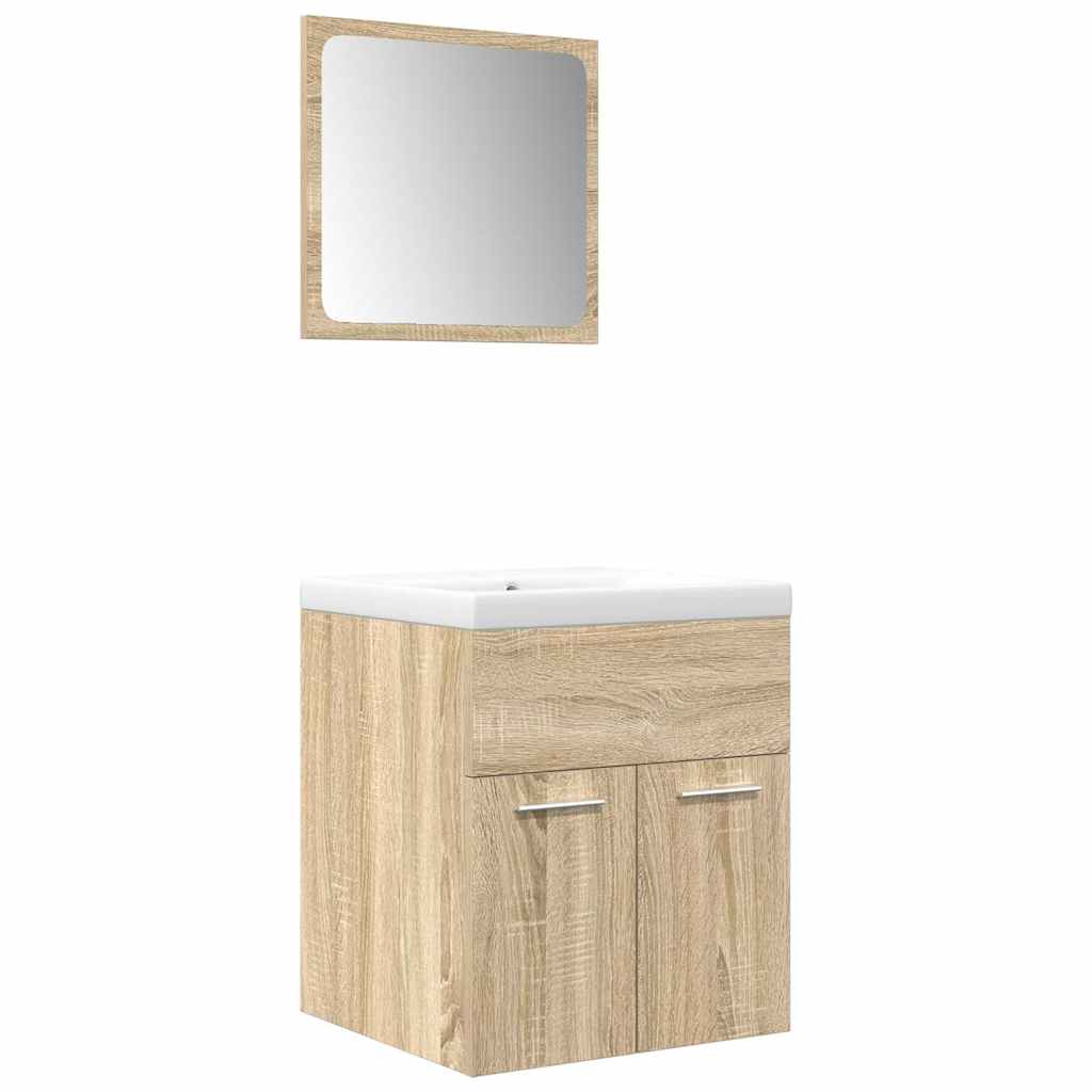 3 részes sonoma tölgyszínű szerelt fa fürdőszobai bútorszett