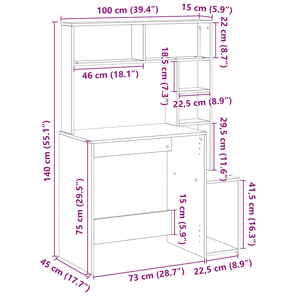 Betonszürke szerelt fa íróasztal polcokkal 100x45x140 cm