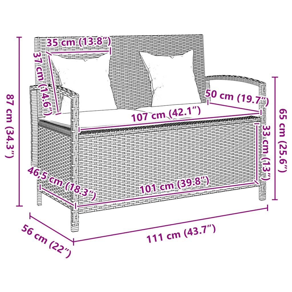 Fekete polyrattan kerti tároló pad párnával