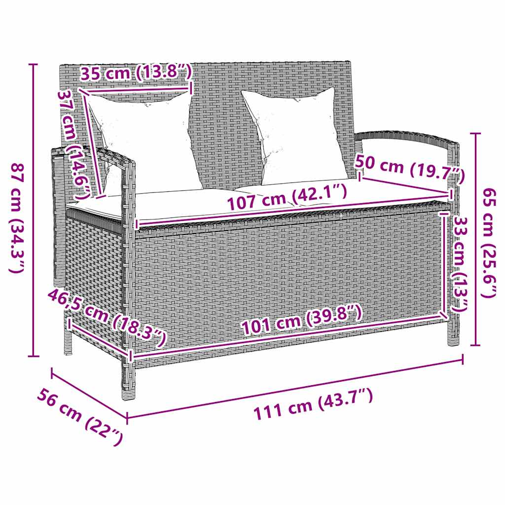 Világosszürke polyrattan kerti tárolópad párnával