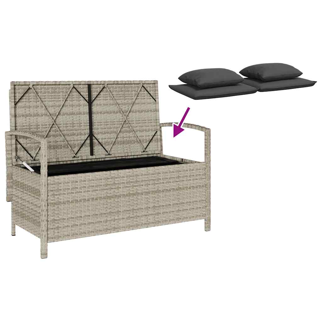 Világosszürke polyrattan kerti tárolópad párnával