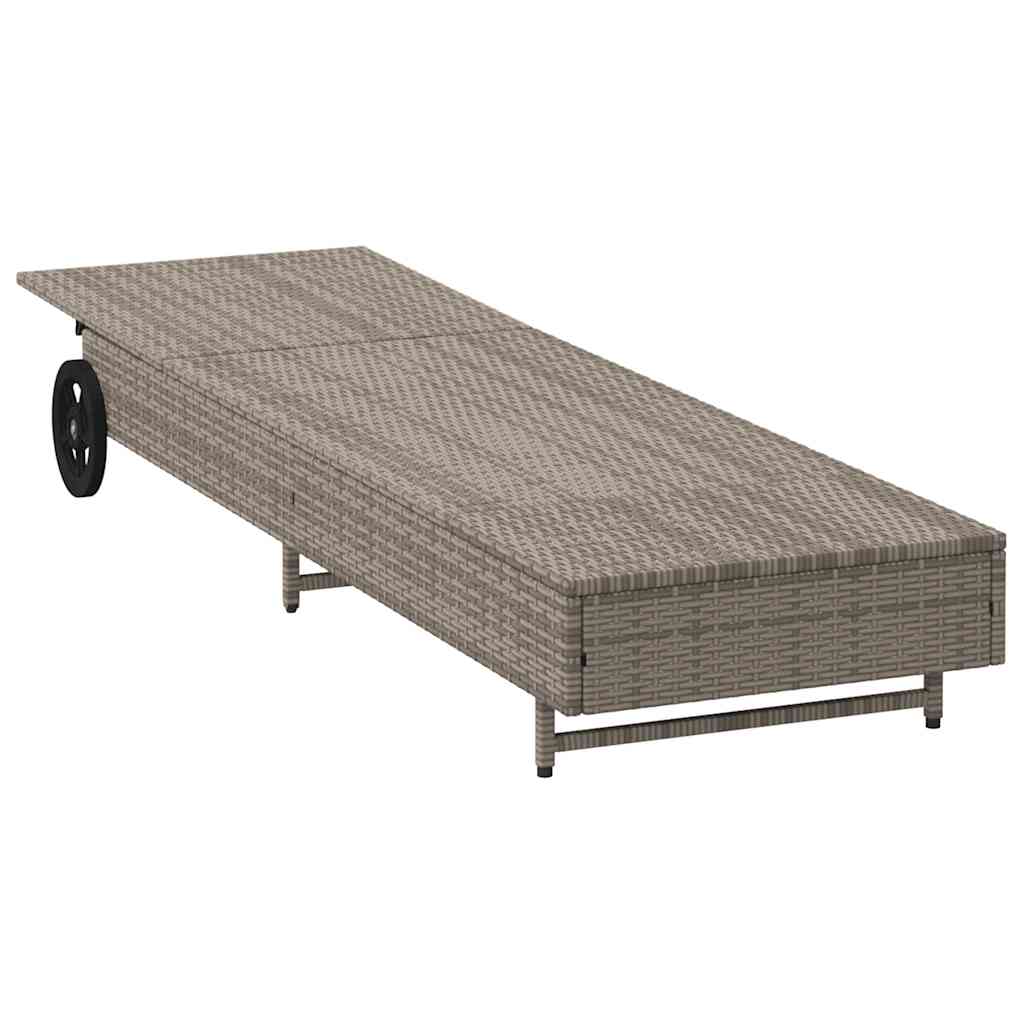 Szürke polyrattan napozóágy kerekekkel és párnával