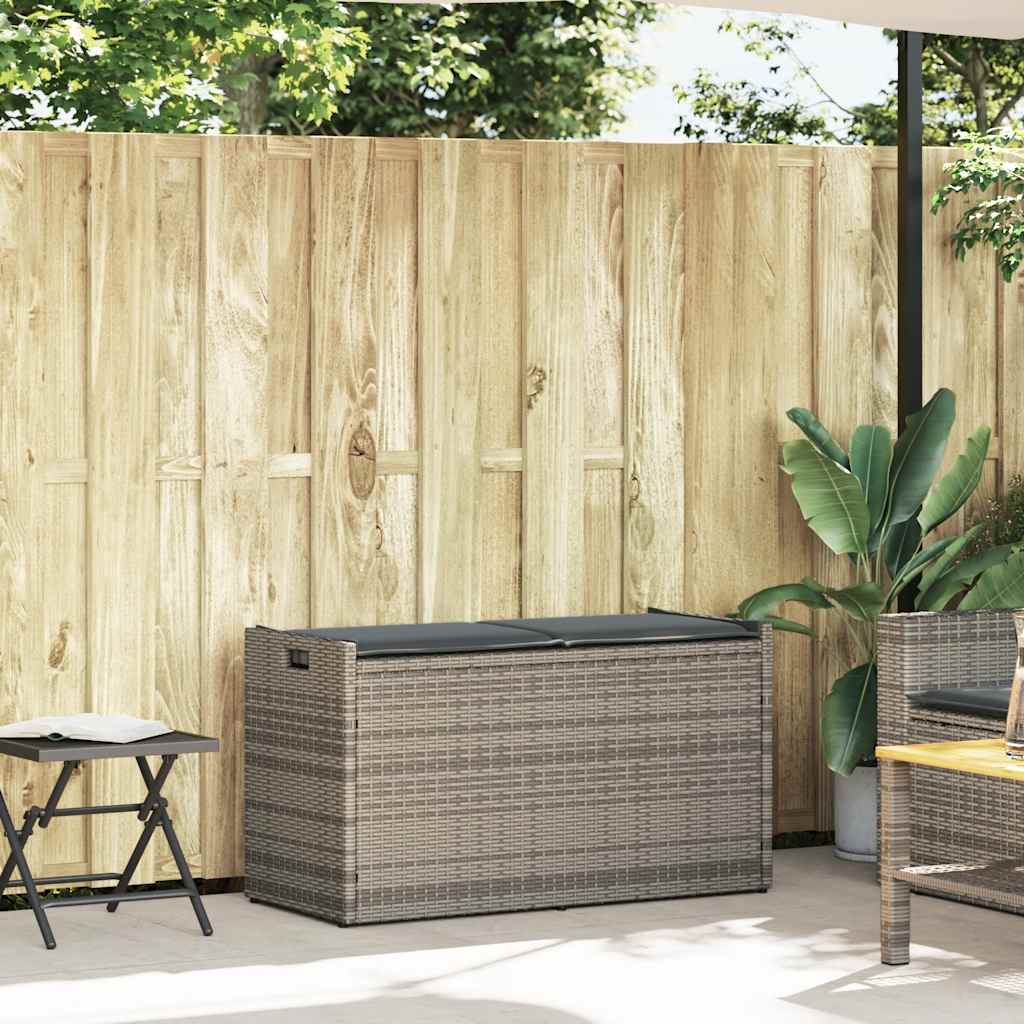 Szürke polyrattan kültéri tárolópad párnával 100 cm