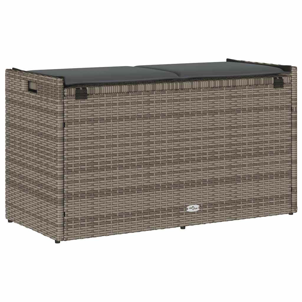 Szürke polyrattan kültéri tárolópad párnával 100 cm
